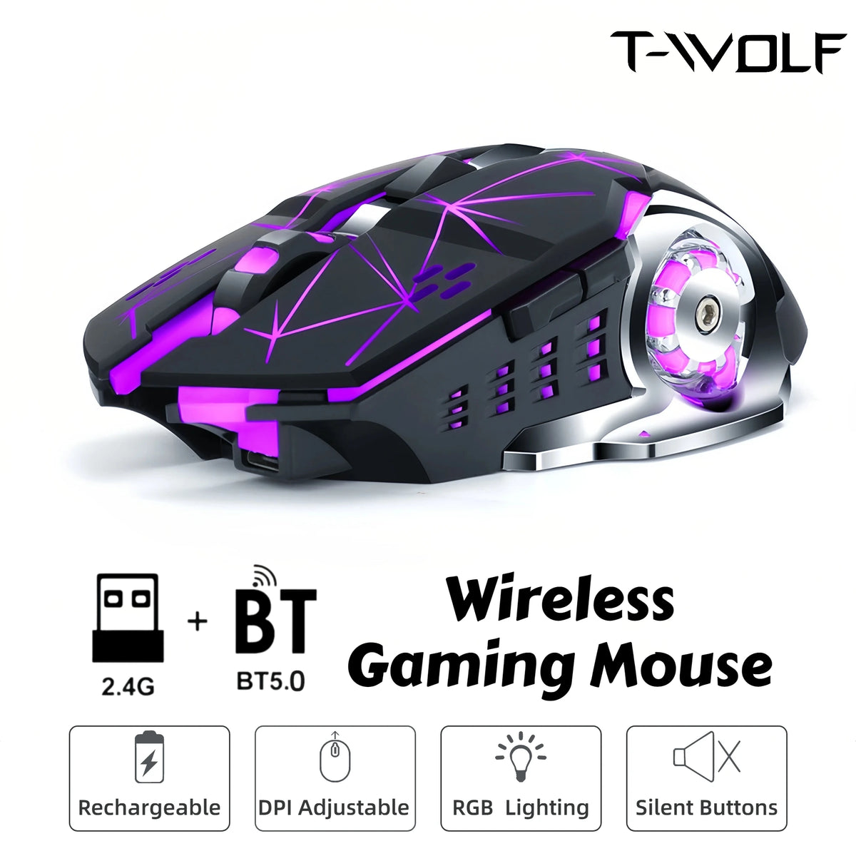 Wireless Gaming Mouse Bluetooth 2.4G Dual Mode RGB Silent Rechargeable Back to School Ergonomic 2400DPI Mice for MacBook Laptop Student