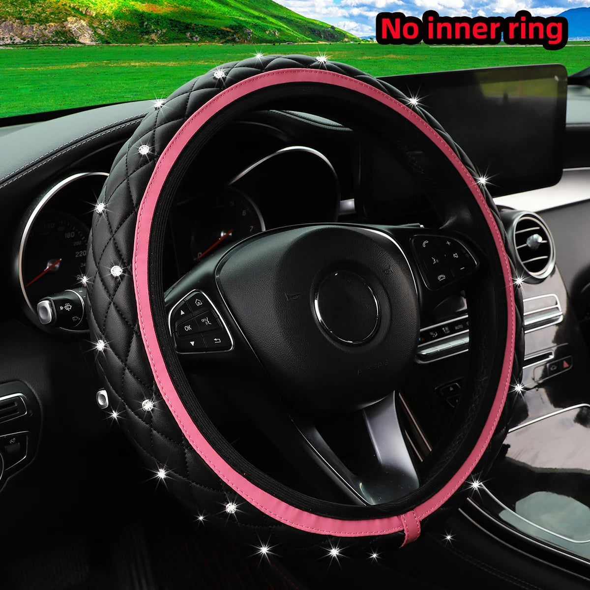 1 PU leather embroidered stereo diamond-encrusted Blingbling car steering wheel cover for 14.5-15 inch automotive supplies