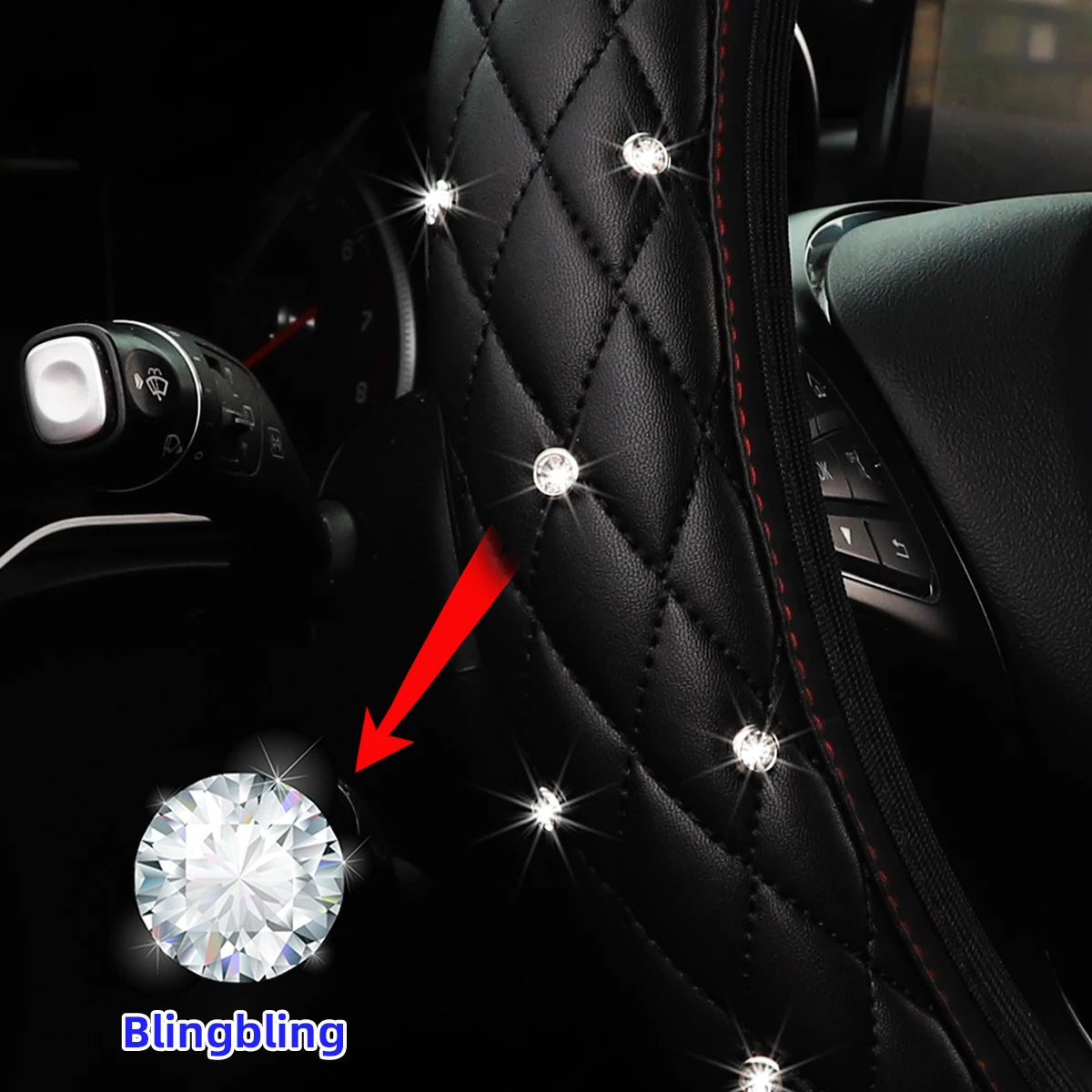 1 PU leather embroidered stereo diamond-encrusted Blingbling car steering wheel cover for 14.5-15 inch automotive supplies