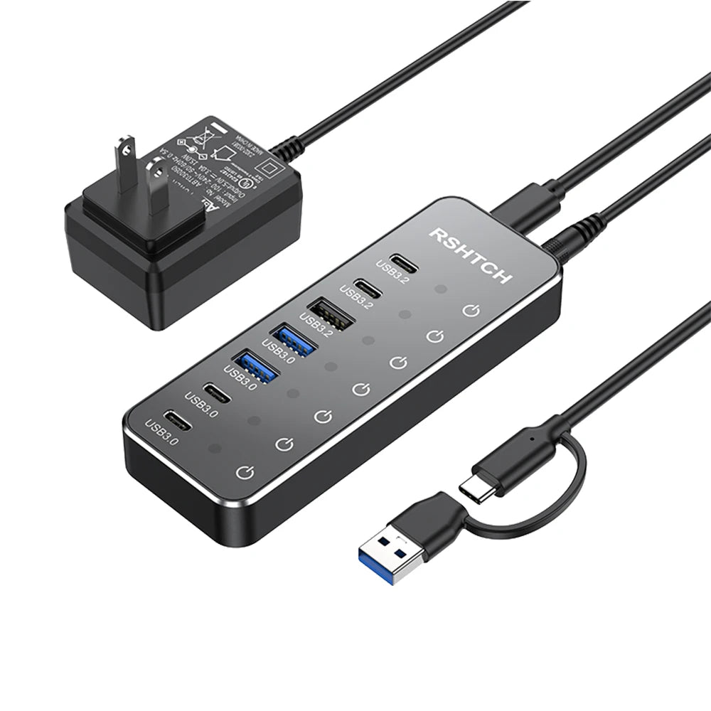 RSHTECH 7-IN-1 USB Hub 10Gbps Data Transfer Individual Touch Switches USB-C Extension Splitter for Laptops Computer Accessories