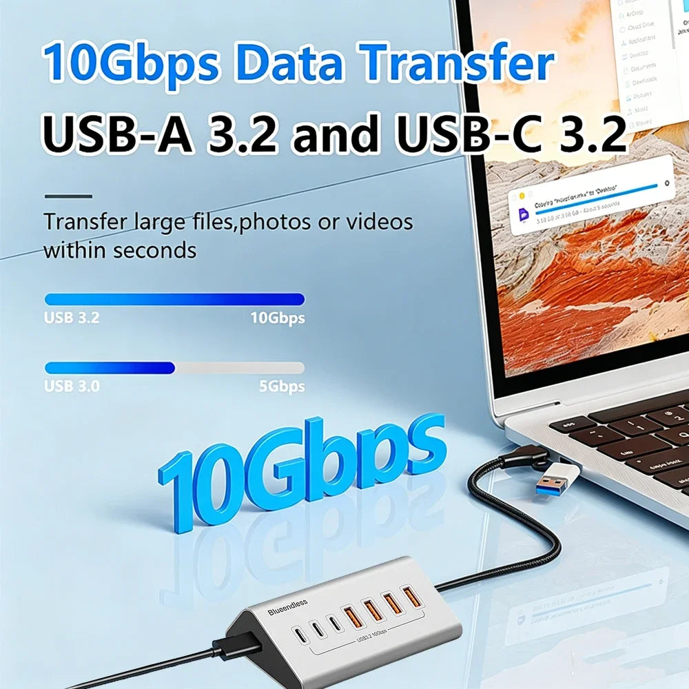 KEBIDUMEI 10Gbps 7 In 1 Docking Station USB 3.2 GEN 2 HUB Data Transfer Adapter USB Splitter Computer Accessories For PC Laptop