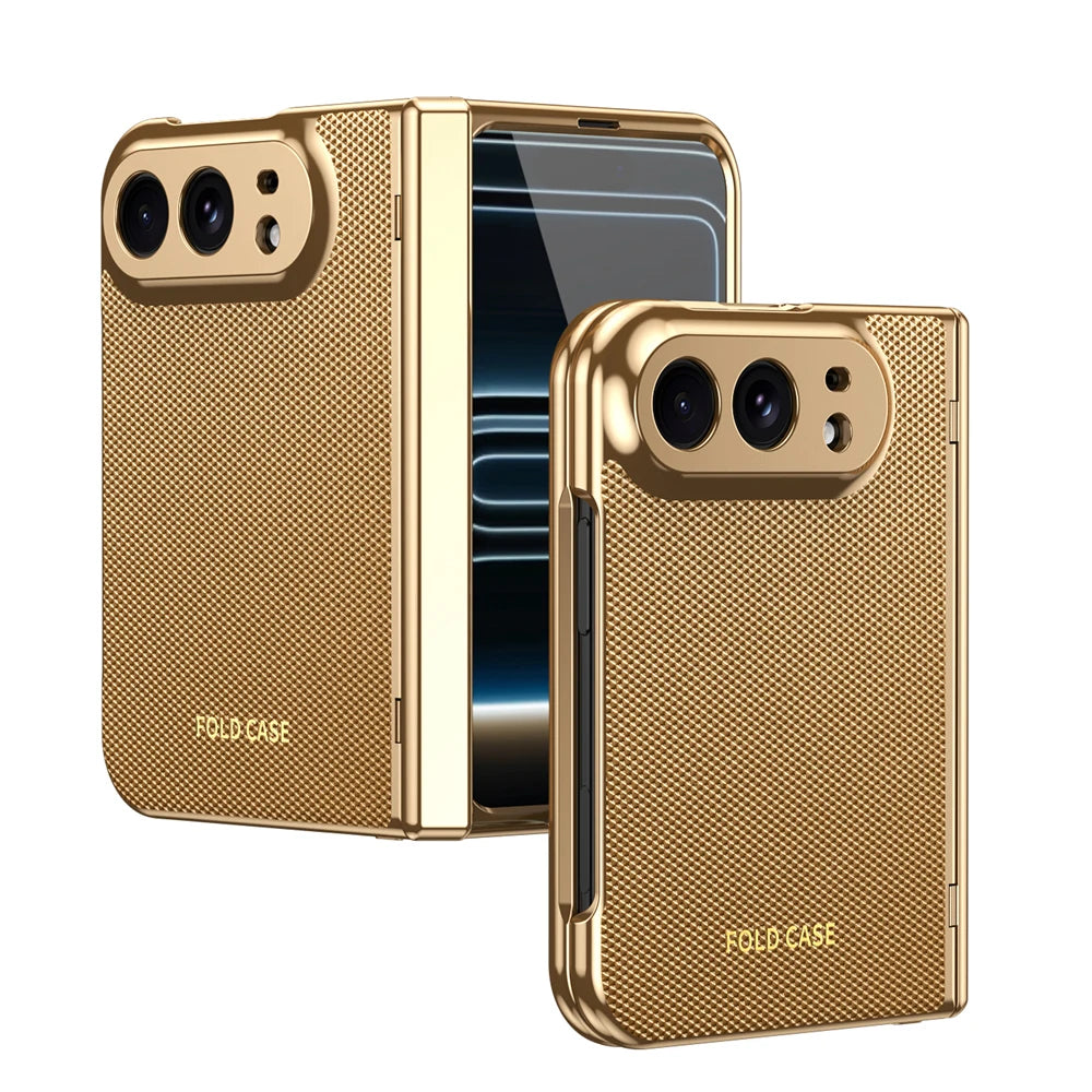 KEYSION Luxuxy PU Leather Fold Phone Case for iPhone Duo Plating Hard PC Shockproof Back Cover With Hinge+HD Screen Protector