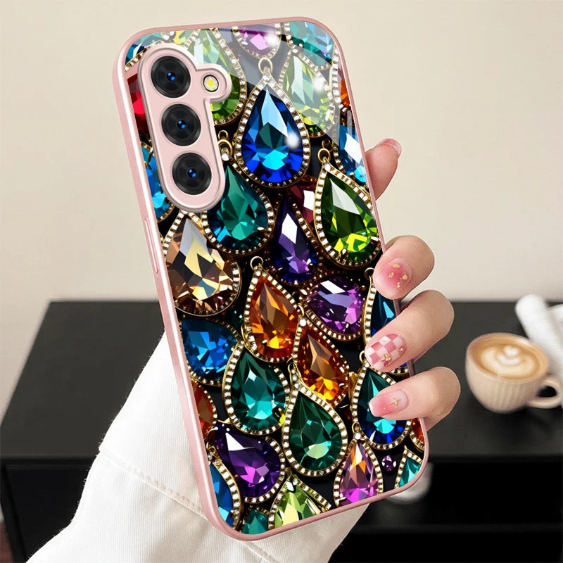 Colorful Teardrop Gem Pink Metallic Glass Phone Case For Samsung Galaxy S26 S25 S24 S23 Ultra Plus FE S8 S9 S10 Note8 9 10 Cover
