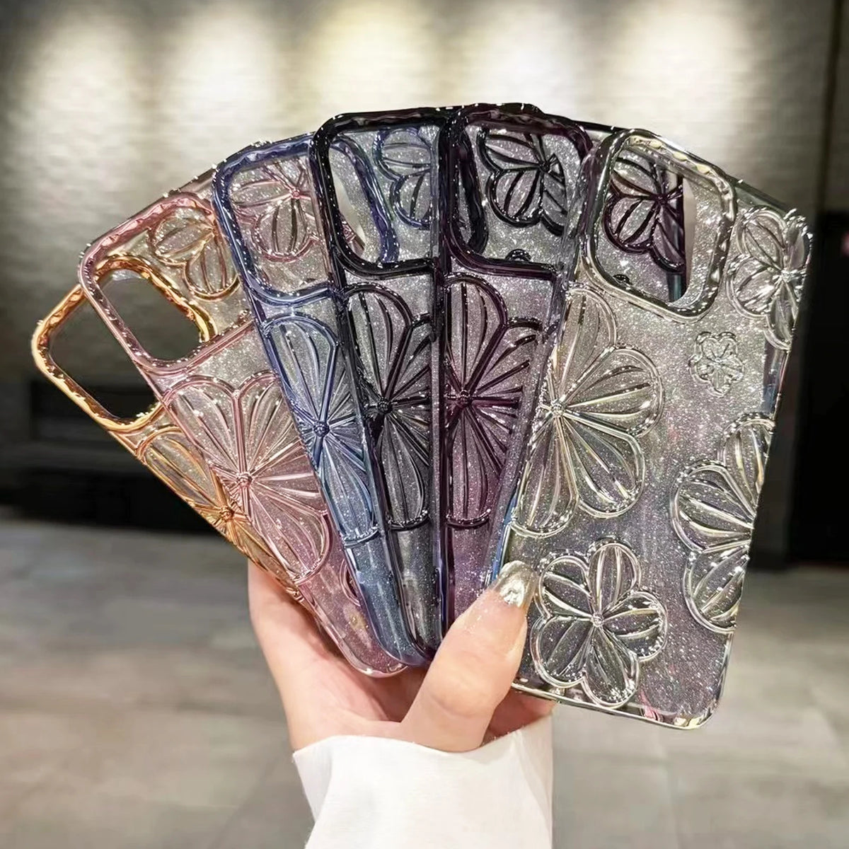 Glitter Plating Retro Leaking 3D Oil Painting Flower Anti-fall Phone Case for iPhone 11 12 13 14 15 16 17 Pro Max Back Cover