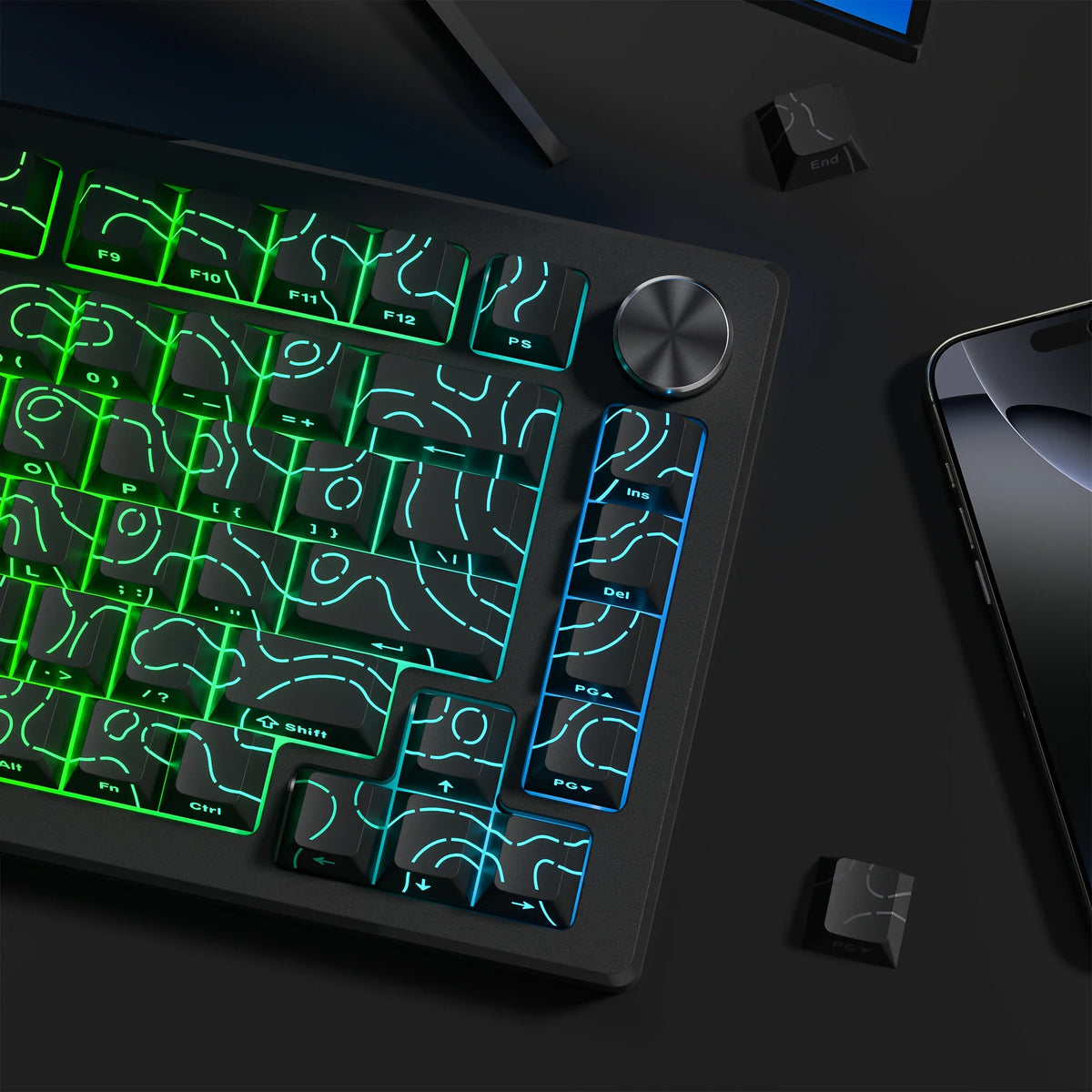 RGB Backlit Keycaps Cherry Profile Black Topographic 4.0 Side-lit Double Shot PBT Keycaps for Cherry MX Switches Gaming Keyboard