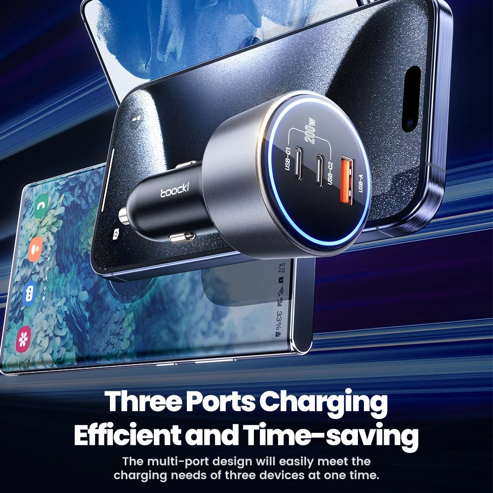 Toocki 200W Car Charger USB Type C QC 4.0 PPS 45W PD 100W Fast Charging USB C Car Phone Charger for iPhone 16 15 Samsung Macbook