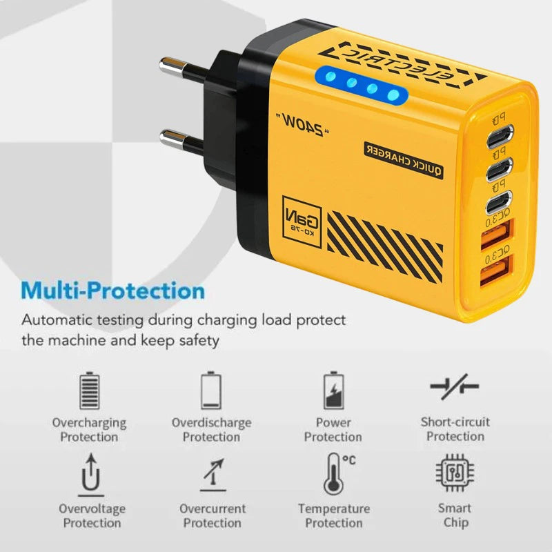 New 240W GaN Phone Fast Charger 5 Ports 3USB 2PD Fast Charging QC 3.0 Wall Charger Adapter For iPhone Samsung Xiaomi US EU