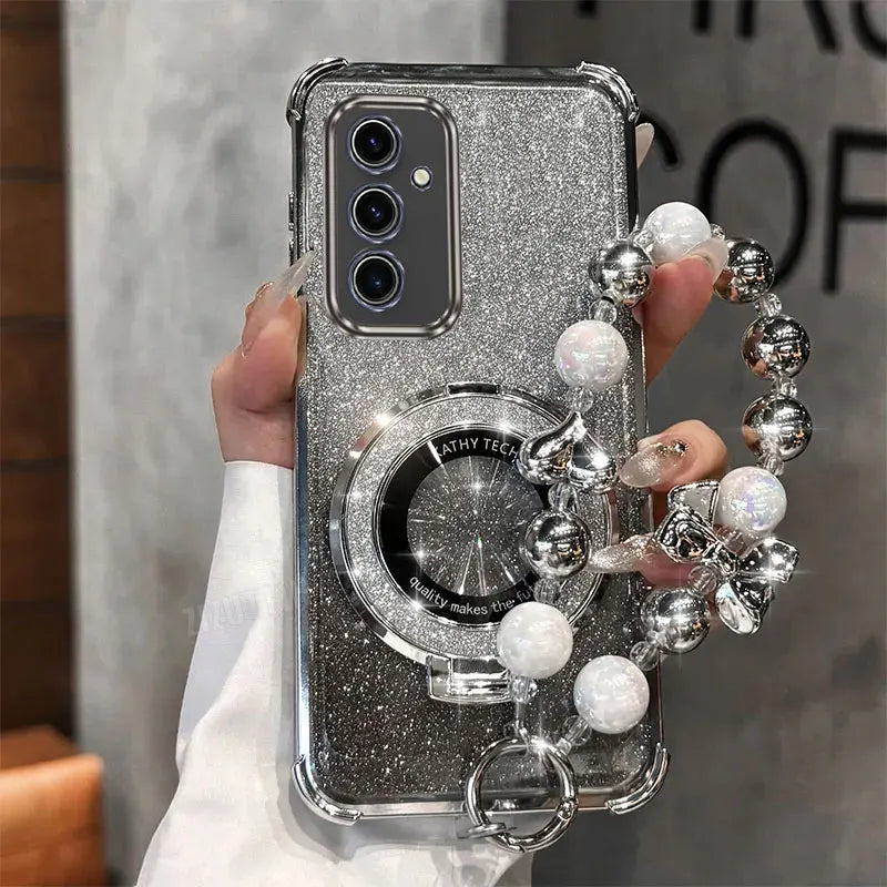 Pearl Strap Lanyard Glitter Lucky Ring Phone Holder Case For Samsung Galaxy S24 S20 S21 S22 S23 S25 FE Note 10 20 Plus + Ultra