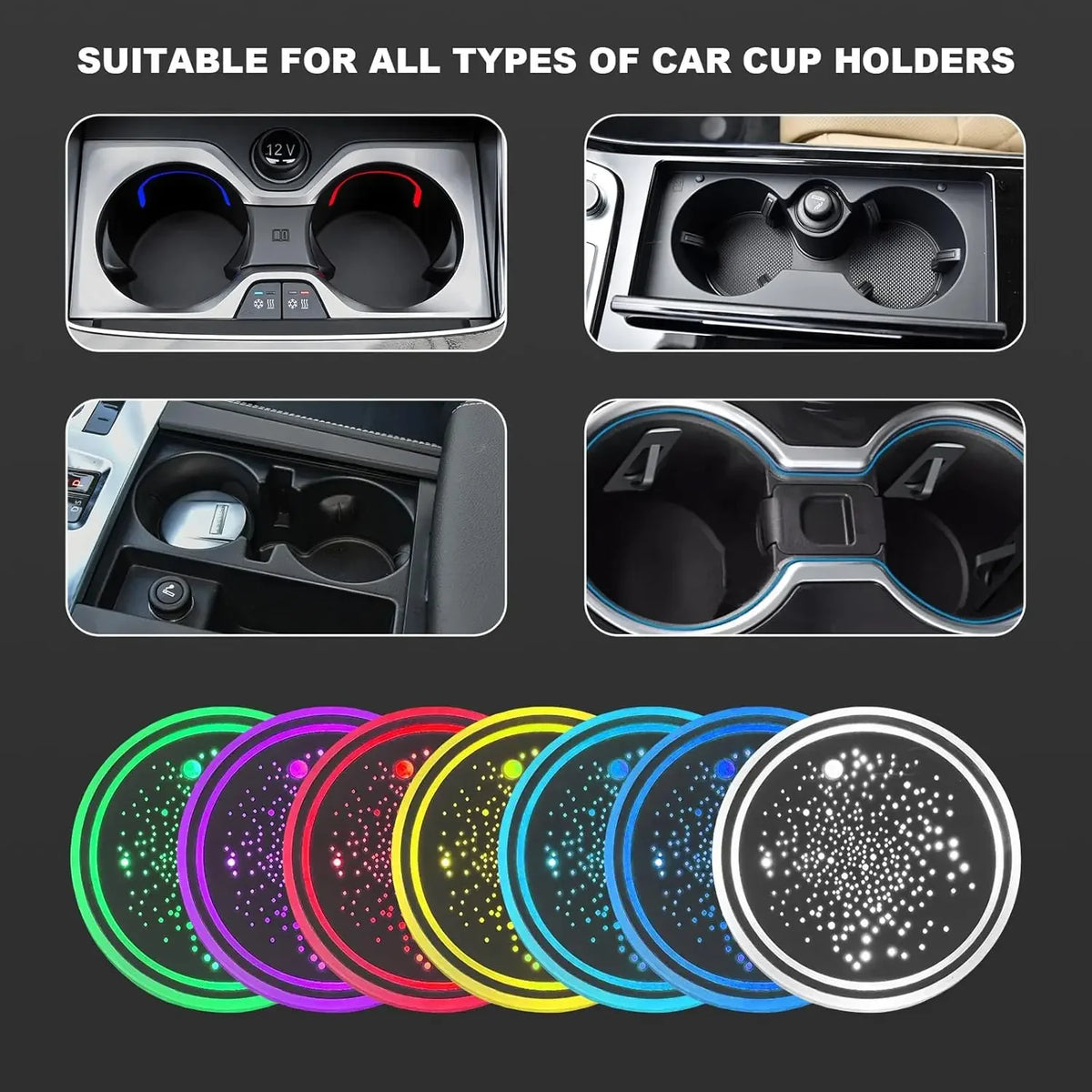 1/2PCS LED Car Cup Holder Lights, Light up Car Coasters for Cup Holders 7 Colors Changing USB Charging Mat Waterproof Cup Pad