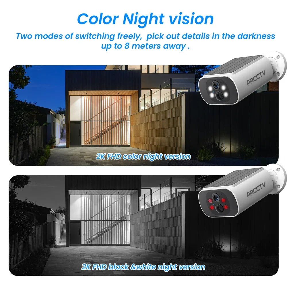 2.5K Solar Camera 4MP Outdoor Wifi Surveillance Camera Home Security Protection Built-in Battery PIR Detect Color Night Vision
