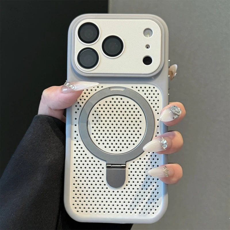 Luxury Dissipation With Holder Heat Phone Case For iPhone 17 Pro Max 12 13 14 15 16 Plus Magnetic Stand Matte Bumper Back Cover