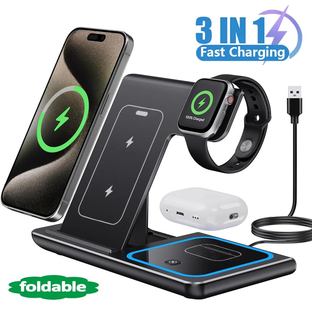 LED Fast Wireless Charger Stand 3 in 1 Foldable Charging Station For iPhone 17/16/15/14 Apple Watch 9 8 7 6 5 Airpods Pro