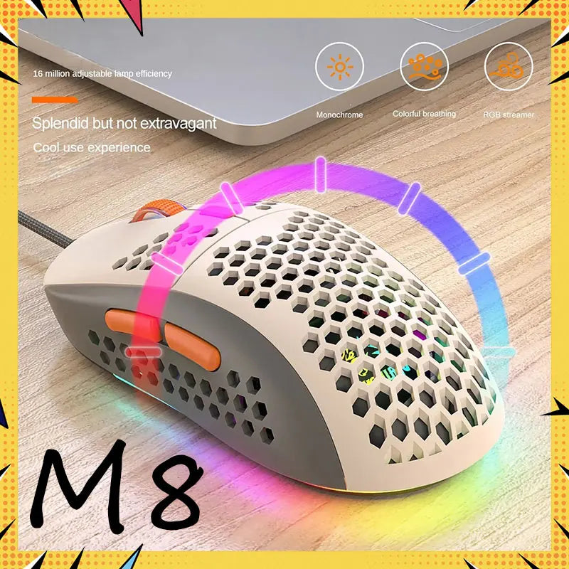 Free Wolf M8 Optical Adjustable RGB Gaming Mouse Customized PC Notebook Wired Macro Colorblocking Lightweight E-sports Ergonomic