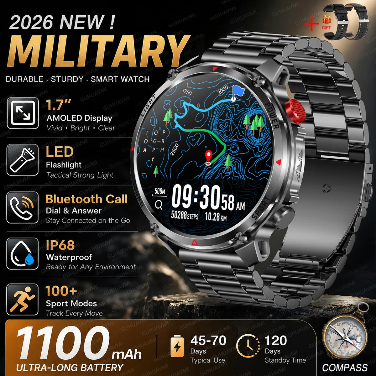 New Men Outdoor Military 1100mAh Large Battery Smart Watch Compass GPS Track IP68 Waterproof LED Flashlight BT Call Smartwatch