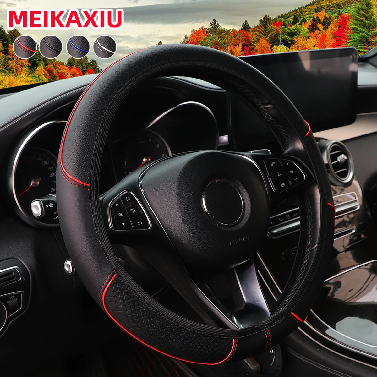 A Leather Embossed Red Blue Strip Trim Car Without Inner Ring Steering Wheel Cover Fits 14.5-15" 37-38cm Car Interior Supplies