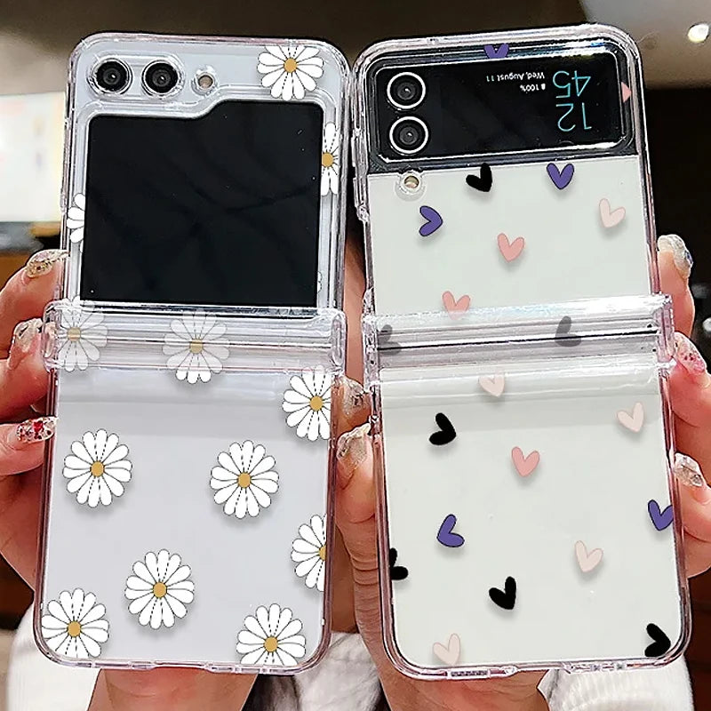 Transparent Love Flower Phone Case For Samsung Galaxy Z Flip8 Flip7 FE Flip 8 7 6 5 4 3 5G Flip5 Flip6 Shockproof Hard PC Cover