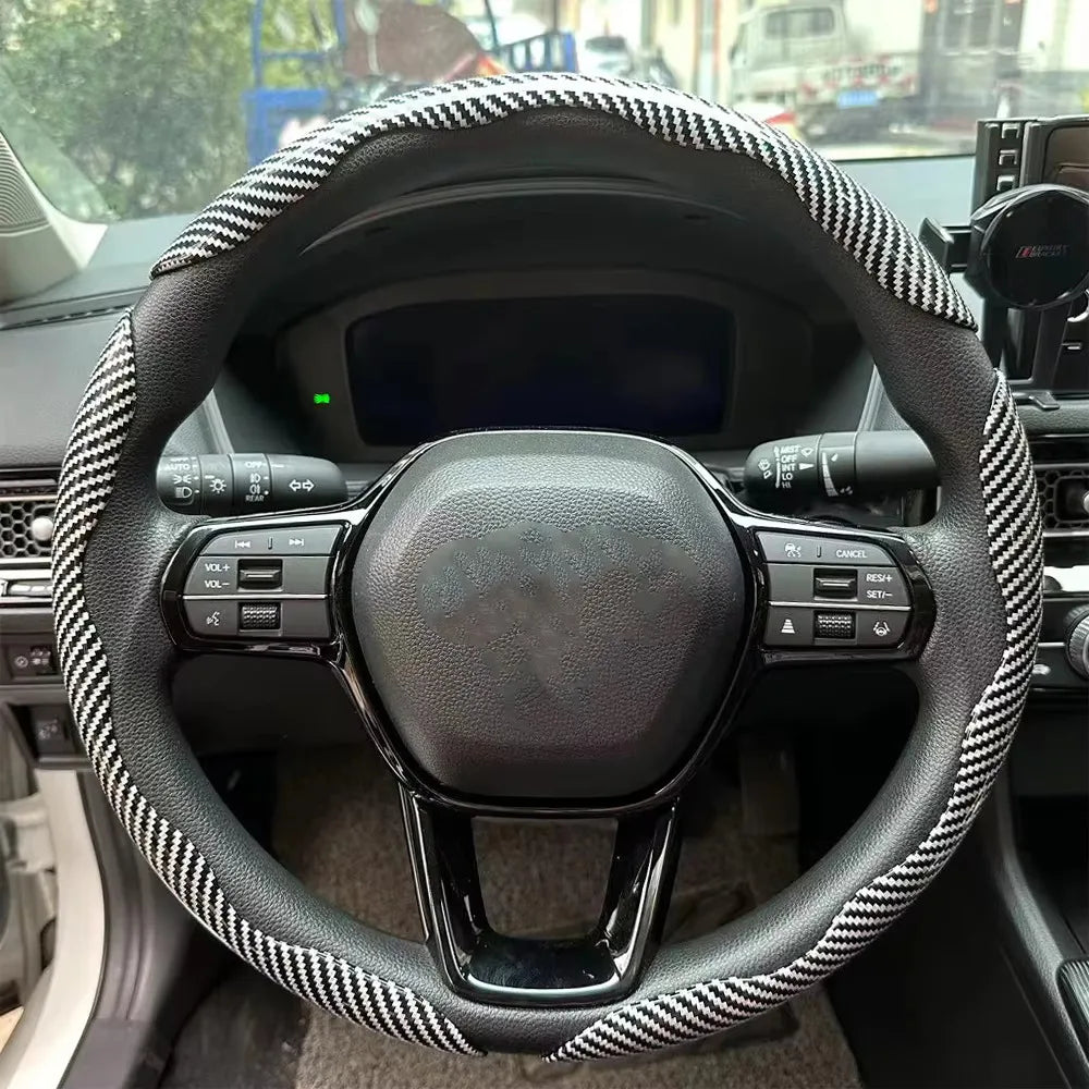 3PCS Laser Carbon Fiber Silicone Car Steering Wheel Cover 1K Micro Fiber Leather PVC Wheel Booster Cover Non-Slip Universal