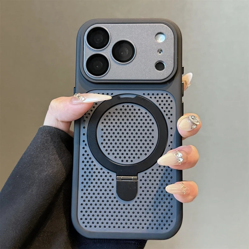 Luxury Dissipation With Holder Heat Phone Case For iPhone 17 Pro Max 12 13 14 15 16 Plus Magnetic Stand Matte Bumper Back Cover