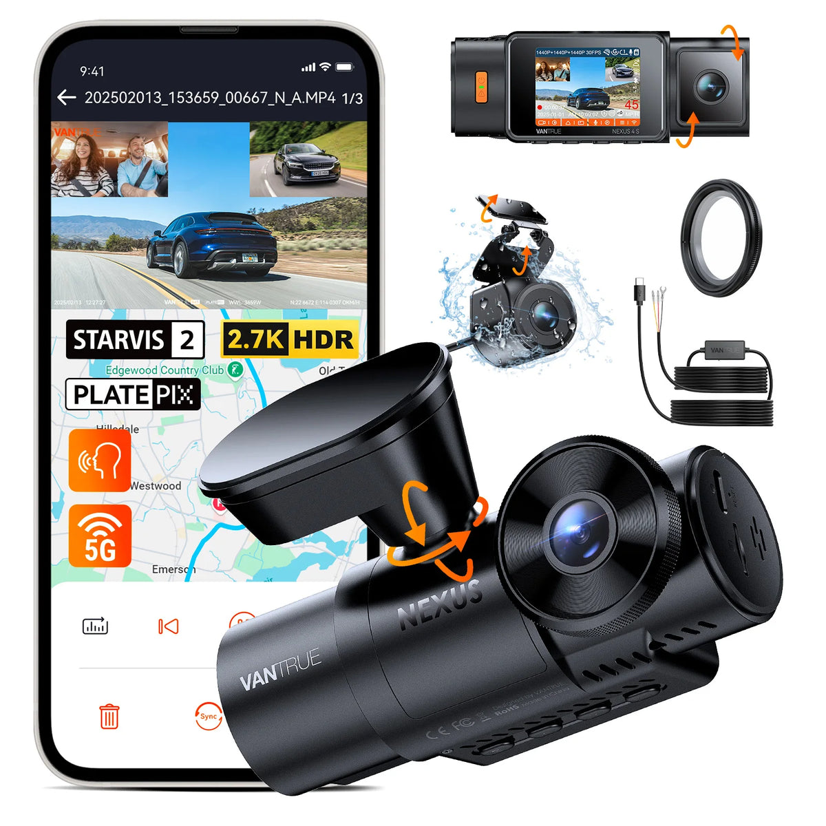 Vantrue N4S DashCam 3 Channel WiFi STARVIS 2 2.7K+1440P+1440 Waterproof Rear Camera HDR IR Night Vision GPS 24h Packing Mode
