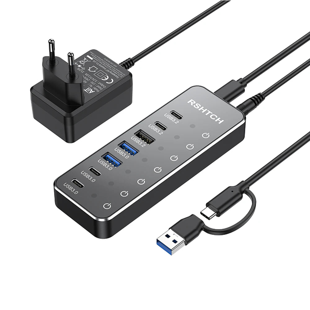 RSHTECH 7-IN-1 USB Hub 10Gbps Data Transfer Individual Touch Switches USB-C Extension Splitter for Laptops Computer Accessories