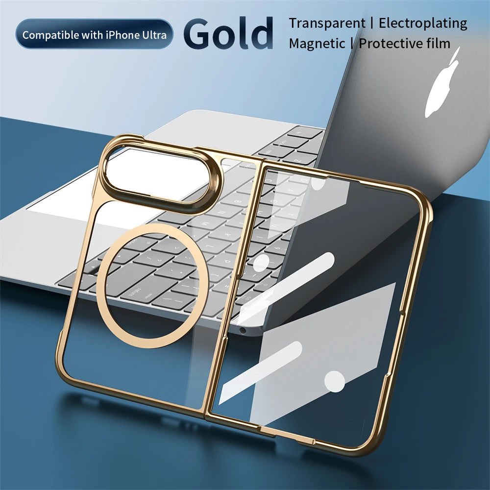 Luxury Gold Transparent Plating Magnetic Phone Case for iPhone Duo for Magsafe Wireless Charging Shockproof Clear Cover Funda