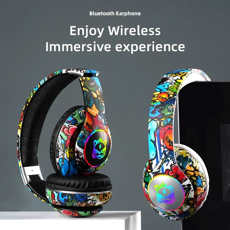 Graffiti Bluetooth Headphones Wireless LED Light Game Doodle Wireless Headsets With Mic For Kids Boy Girl Gift Support TF Card