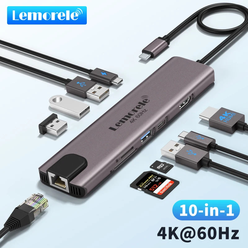 Lemorele 10 in 1 USB C HUB Docking Station Type C Adapter 4K@60Hz HDMI 100W PD RJ45 1000Mbps Ethernet SD/TF Slot for Mac Laptop