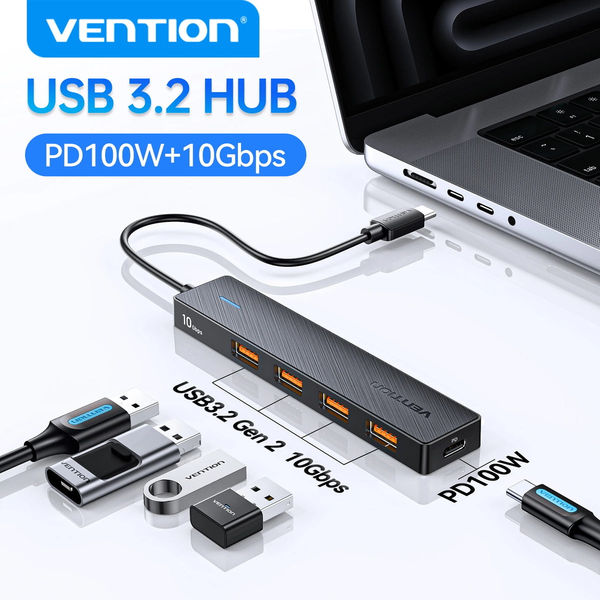 Vention New USB 3.2 Gen2 HUB 10Gbps PD100W Charging USB A Type C 5 Ports Splitter Multiport Adapter for Macbook Pro Air Laptop