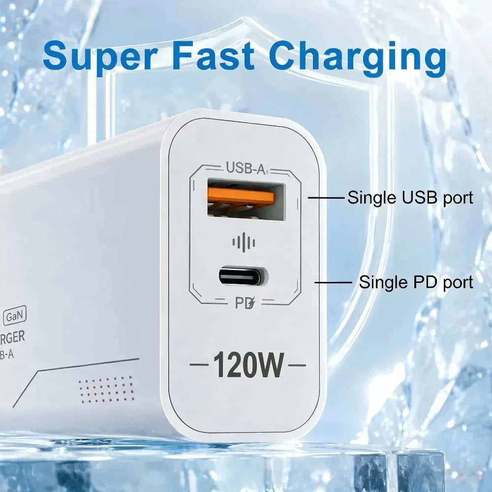 120W 2-Port GaN Type C Charger USB-C Fast Charging Wall Adapter US/EU Plug Phone Charger Compatible with iPhone Samsung Xiaomi