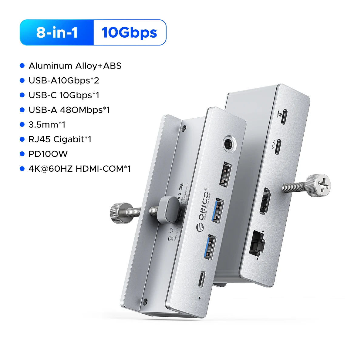 ORICO Aluminum 8 in 1 USB Clip Hub Support External Power Supply for High Speed 10GBPS Data Transmission on MAC OS PC