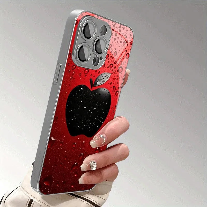 Advanced Lucky Red Water Drop Apple Pattern For iPhone Case for 11/12/13/14/15/16/17 Pro MAX Plating Silver Glass Design