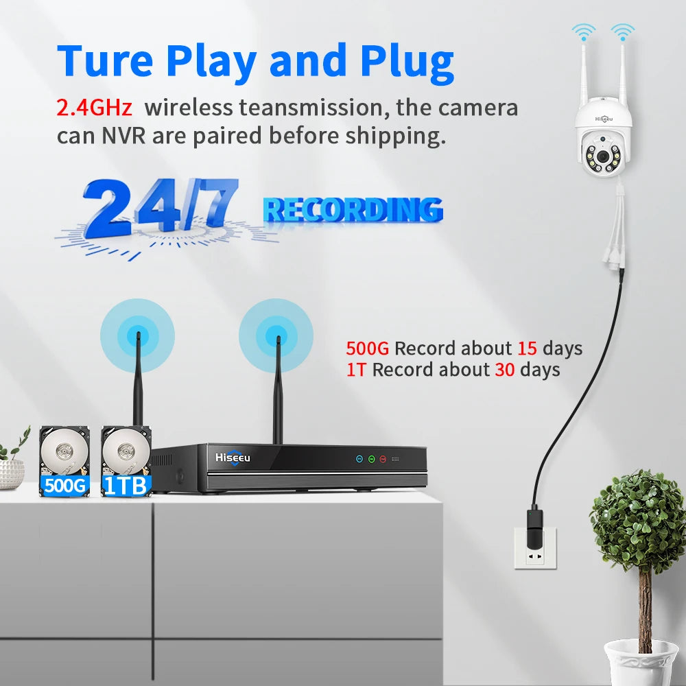 Hiseeu H.265 10CH NVR 3K 6MP Surveillance System Dual Lens Smart PTZ IP Camera Color Night Vision Auto Tracking WiFi CCTV System