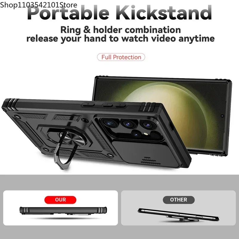 Stand Rotating Slide Camera Lens Military Grade Armor Case For Samsung S25 S24 S23 S22 S21 FE S20 Plus Note 20 Ultra M53 M33