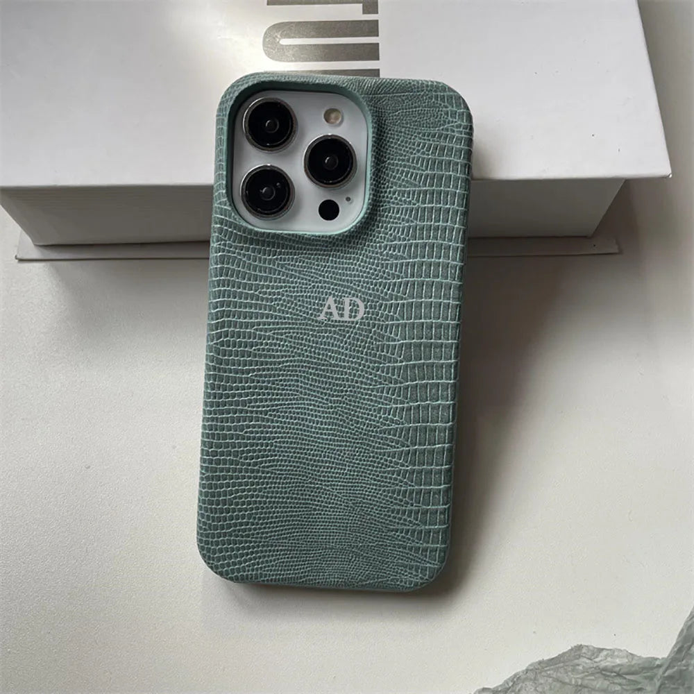 Personalise Gold Silver Initials Letters Leather Case For Iphone 15 12 14 13 16 17Pro Max 14 16 Plus Luxury Lizard PU Hard Cover