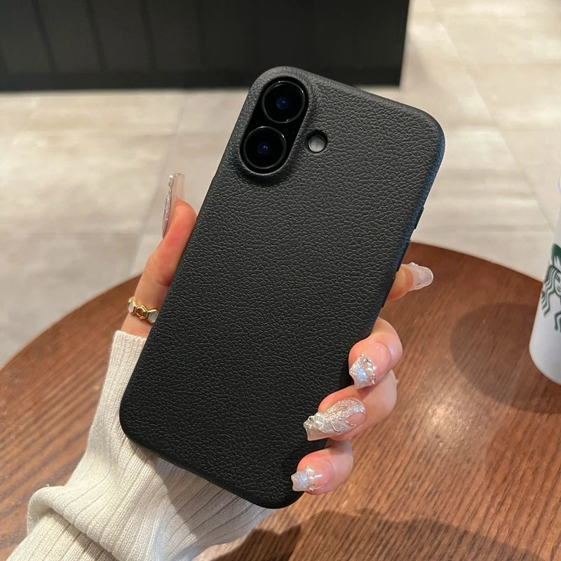 Luxury Soft Cortex Leather Case For iPhone 17 Air 11 12 13 14 15 16 Pro Max Plus Lichee Pattern Silicone Shockproof Cover