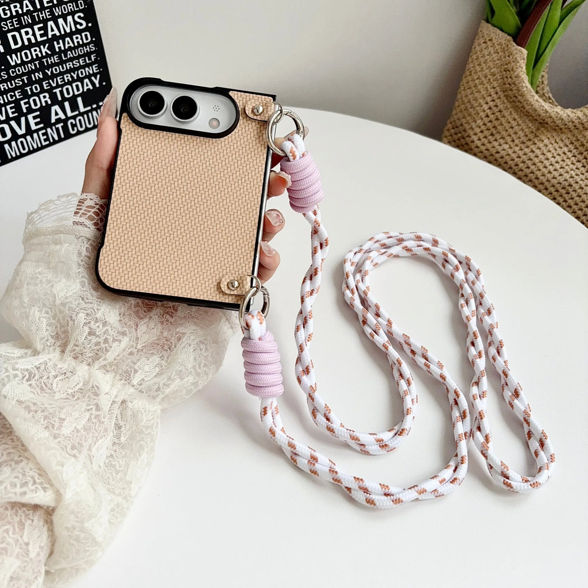 For iPhone Duo Fold Phone Case Crossbody Lanyard Solid Color Woven Case Shockproof Anti Scratch for iPhone Duo Protective Cover