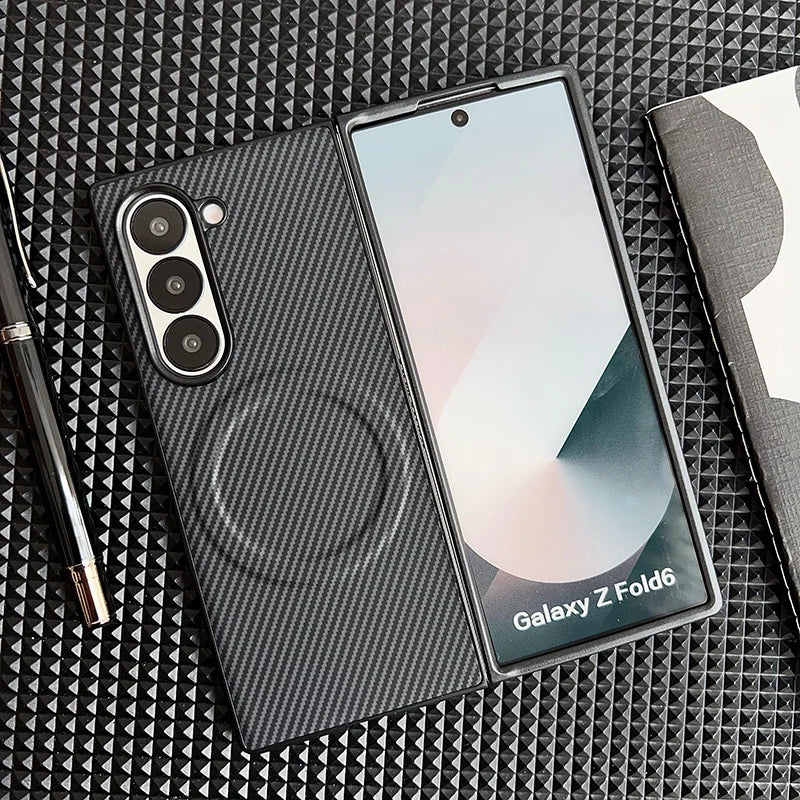 Carbon Fiber Pattern PU Leather For Magsafe Magnetic Case For Samsung Galaxy Z Fold 6 4 5 3 Fold6 Fold4 Fold5 Fold3 Back Cover