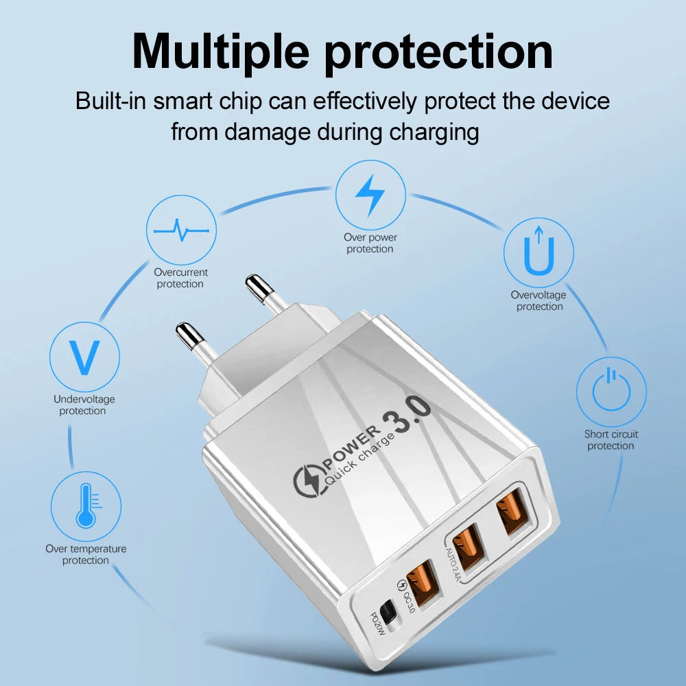 48W 3USB Fast Charger Type C QC 3.0 Portable Wall Charger PD Fast Charge EU/US Plug For Samsung Huawei Xiaomi Phone Wall Adapter