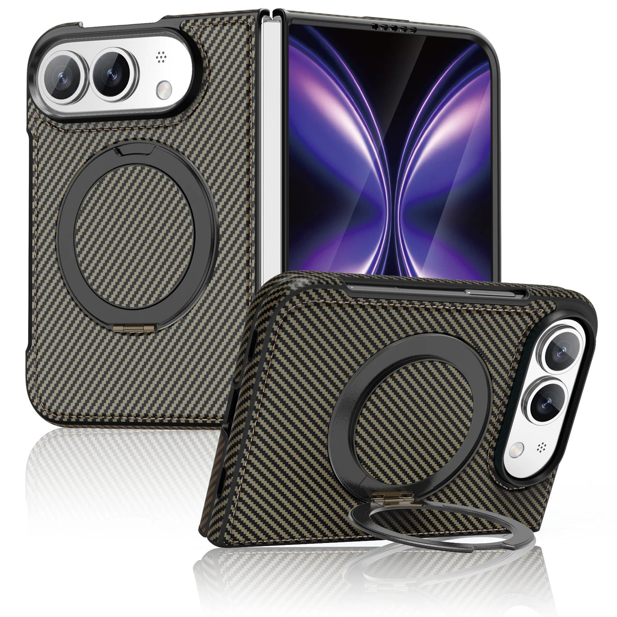 For iPhone Duo Case Luxury Carbon Fiber Texture Magnetic 360 Rotating Ring Holder Shockproof Protection Back Cover Accessories