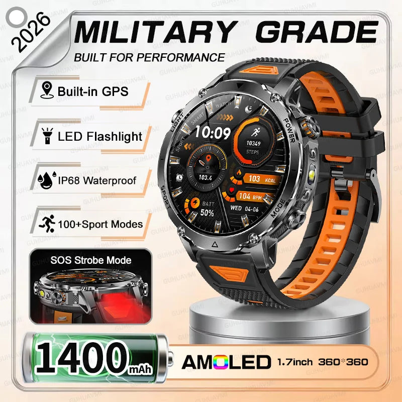 NEW Military 1400mAh Battery SmartWatch Men Outdoor LED Flashlight IP68 Waterproof Heart Rate SOS Bluetooth Call Sports Bracelet