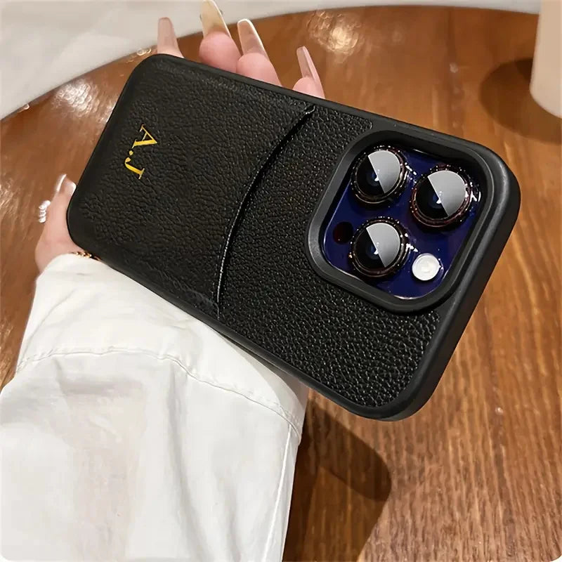 Personalized Customized Name Initial Case For iPhone 12 13 14 15 16 17 18 Pro Max Leather Card Slot Bag Lichee Pattern Cover