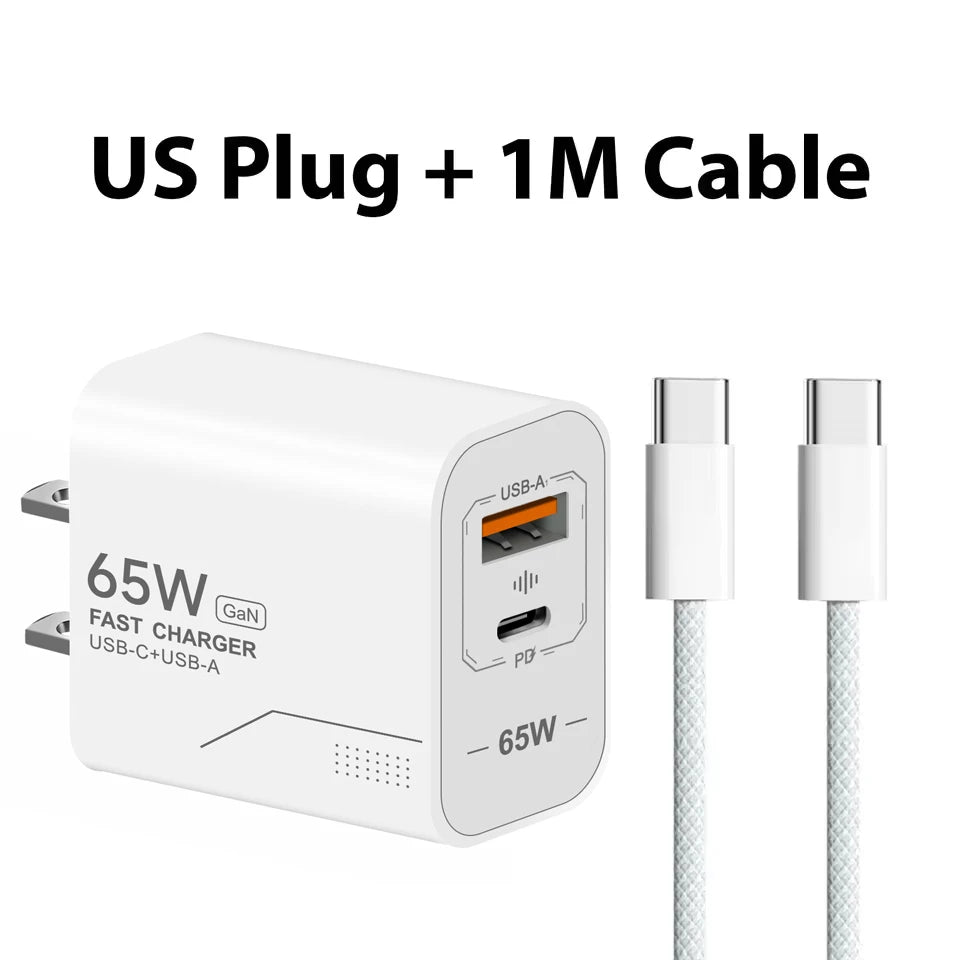 65W GaN USB C Charger 2-Port Fast Charging Phone Charger Power Adapter For iPhone Samsung Xiaomi Type C EU/US Plug Wall Charger