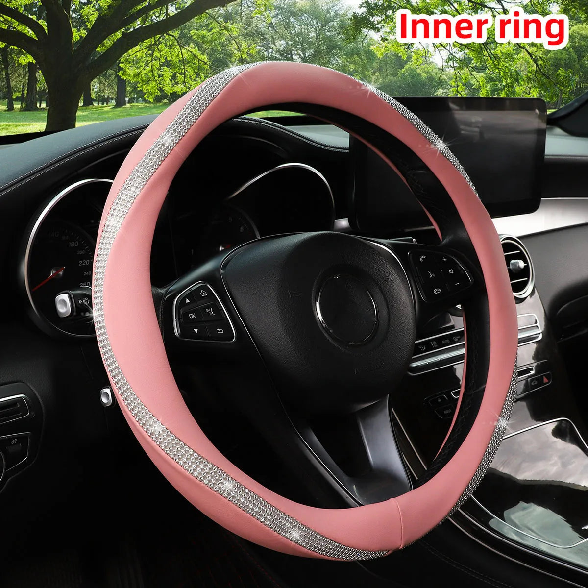 Women's PU Leather Car Interior Wheel Cover with Flashing Mesh Rhinestones for 14.5-15 Inch Car Accessories