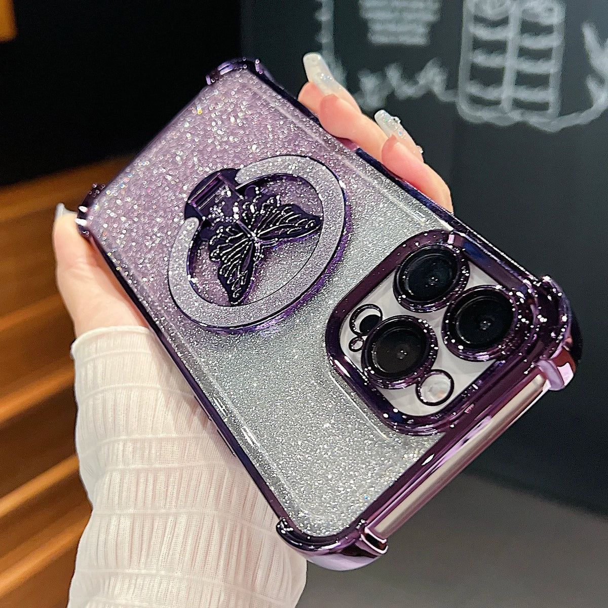 Luxury Butterfly Glitter Holder With Lens Film Phone Case For iPhone 11 12 13 14 15 16 17 Pro Max Plus Four Corner Anti Fall