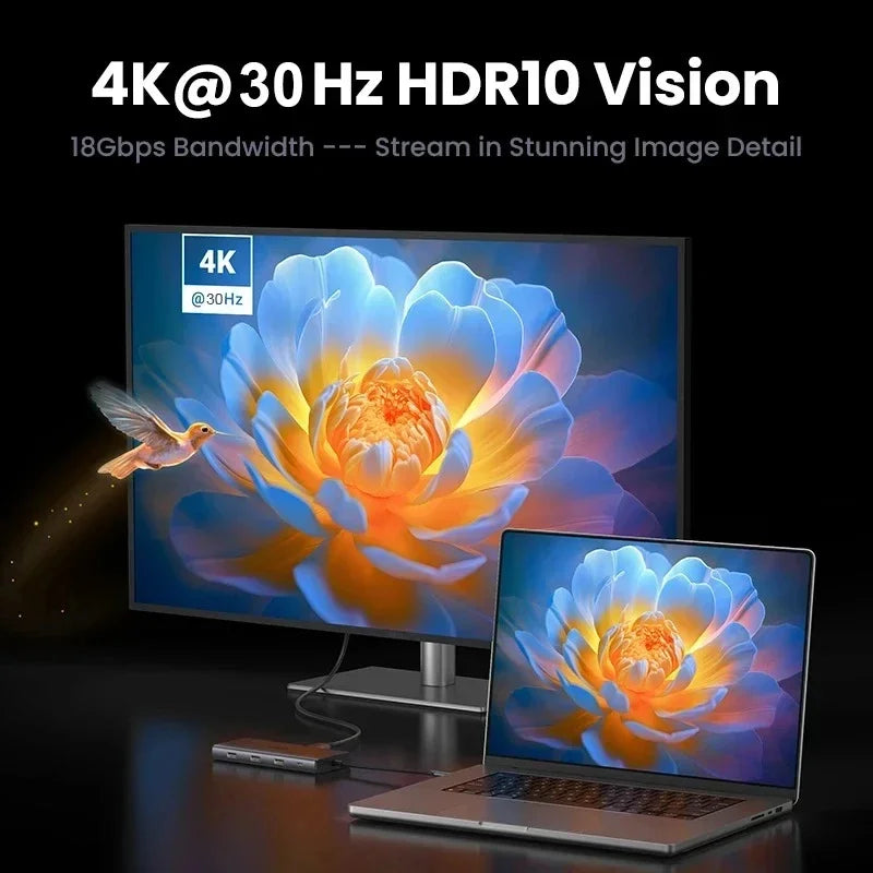 10 in 1 USB C HUB 4K30Hz Docking Station Type C to HDTV-Compatible RJ45 Ethernet PD100W for MacBook iPad Huawei Sumsang Phone