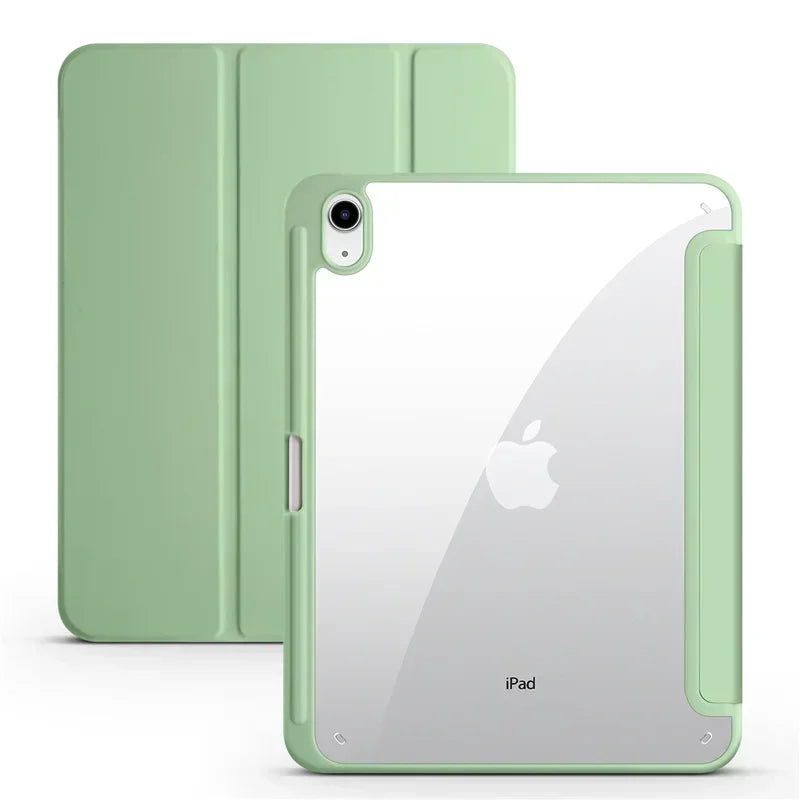 For iPad 10th Gen Case with Pen Holder Trifold Acrylic Clear Back Hard Cover For iPad 10.2 9.7 Air 11 5 4 iPad 11 A16 10 9 Case