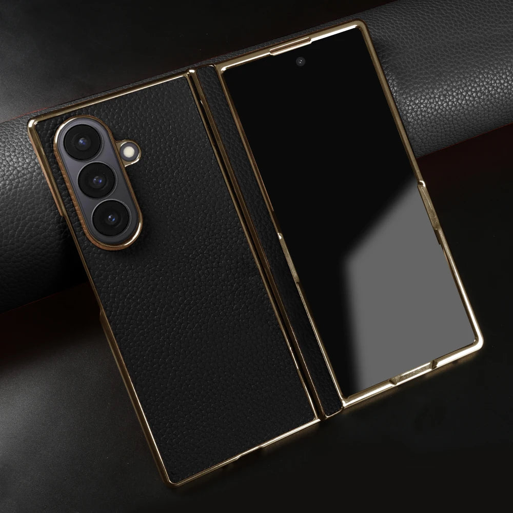 Lychee Genuine Leather Case For Samsung Galaxy Z Fold 8 6 5 4 Fold8 Ultra 8wide Fold7 Fold5 Fold6 Phone Cases Cover Funda Coque