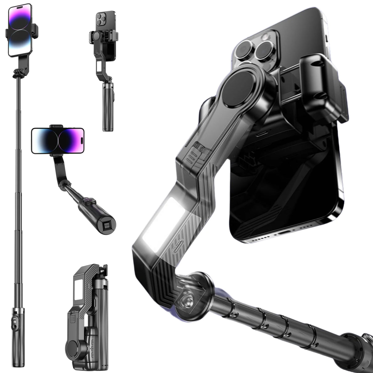 Multi-Functional Handheld Gimbal Phone Holder Selfie Stick with Lightening Bolt Lamp Portable Monopod For Mini Photography