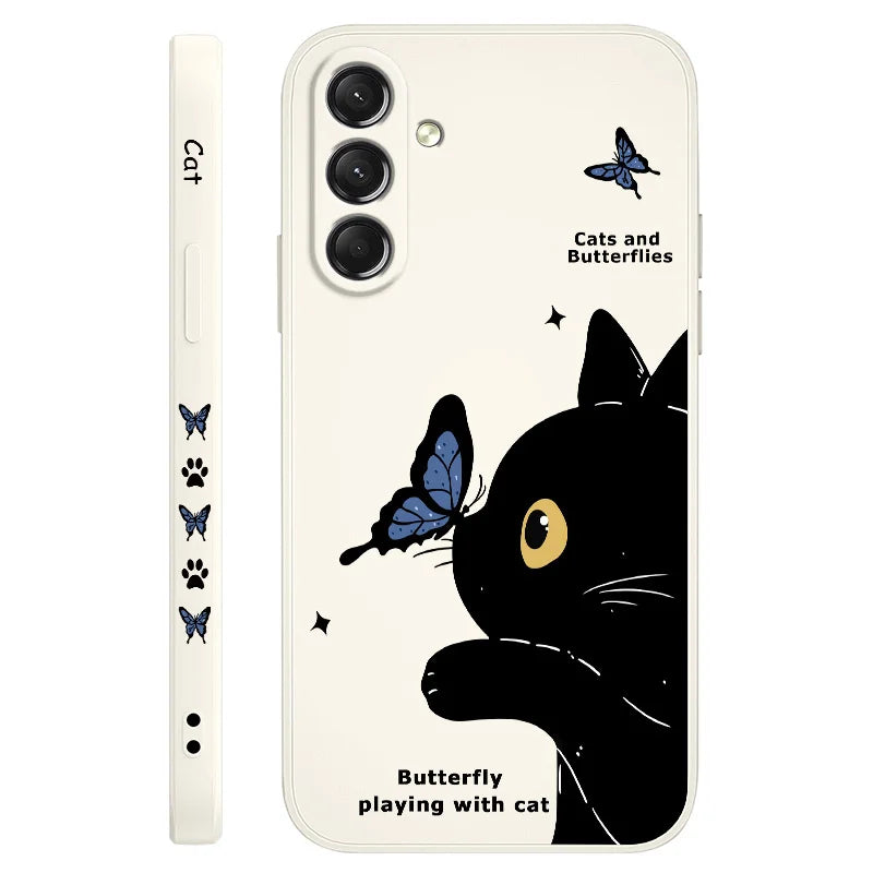 Cat Butterfly Phone Case For Samsung Galaxy S25 S24 S23 S22 S21 S20 S10 Ultra Plus FE Note 20 Ultra 10 Plus Cover
