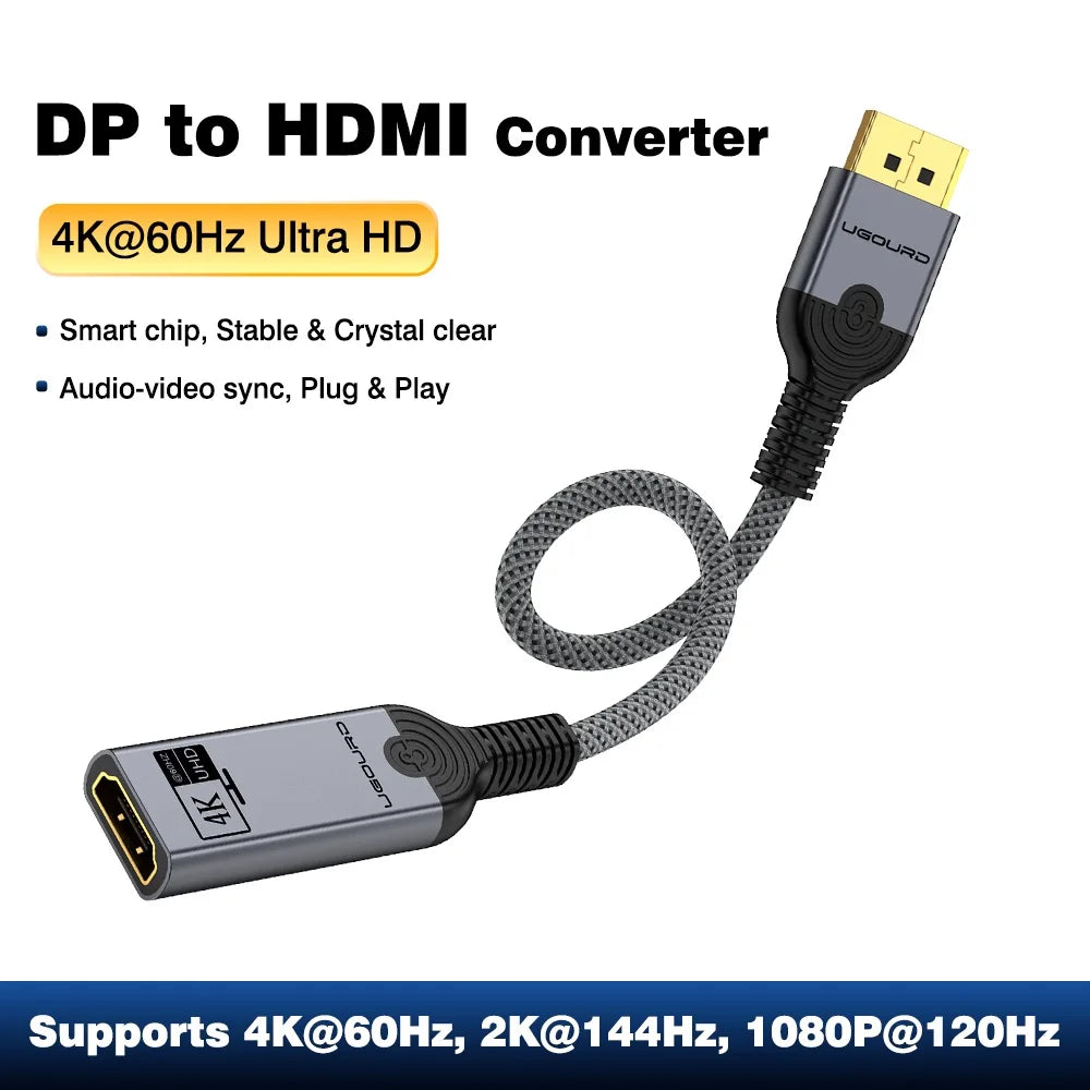 0.2m 4K 60Hz DP to HDMI Adapter Cable, Unidirectional DisplayPort 1.2 to HDMI Converter 4K30Hz 2K@144Hz 1080P, Audio Video Sync